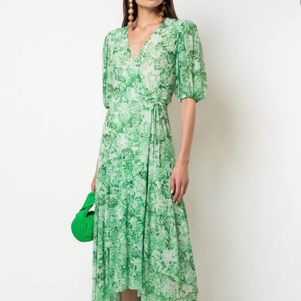Ganni Green Floral Mesh Print Wrap Dress NWOT
